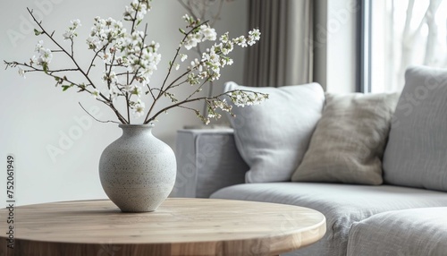 Close up of ceramic vase with blossom twigs on round wooden coffee table against grey sofa and window. 