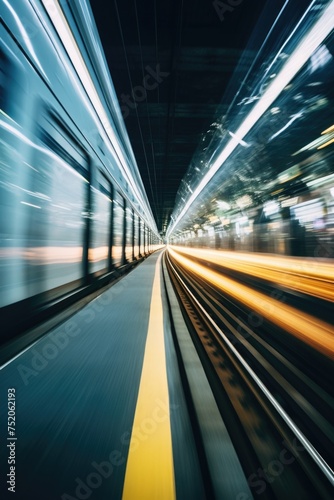 A blurry image of a train approaching on the tracks. Suitable for transportation themes