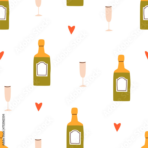 Champagne, seamless pattern. Holiday drink bottle, hearts and wineglass, endl...