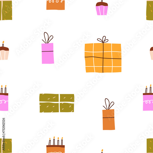 Birthday pattern. Seamless party background, gift boxes and candles in cakes....