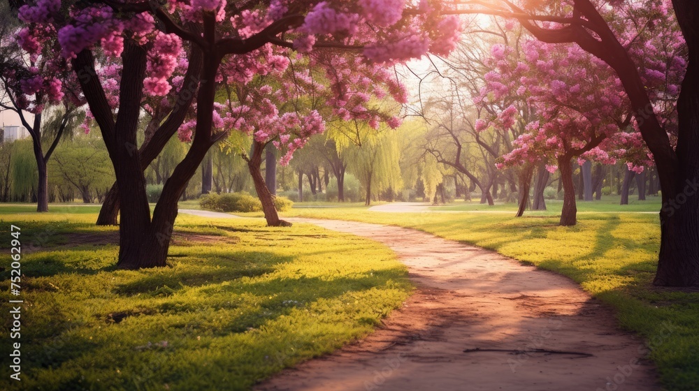 Old pathway and beautiful orchid trees track in the park on green grass field on the side of the golf course. Sunlight and flare concept.