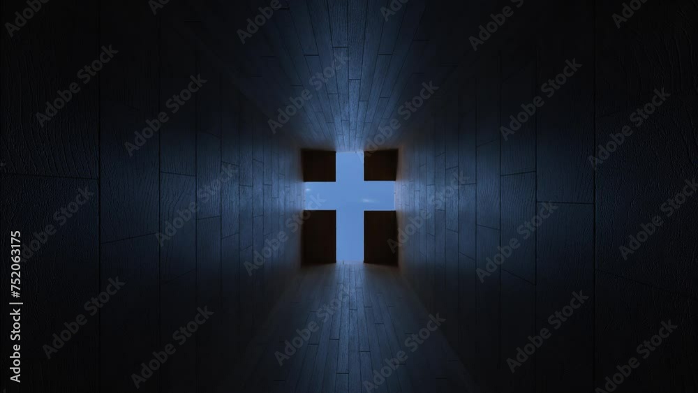 A long corridor with a Christian cross at the end with access to heaven. The camera slowly floats forward. 4K CGI