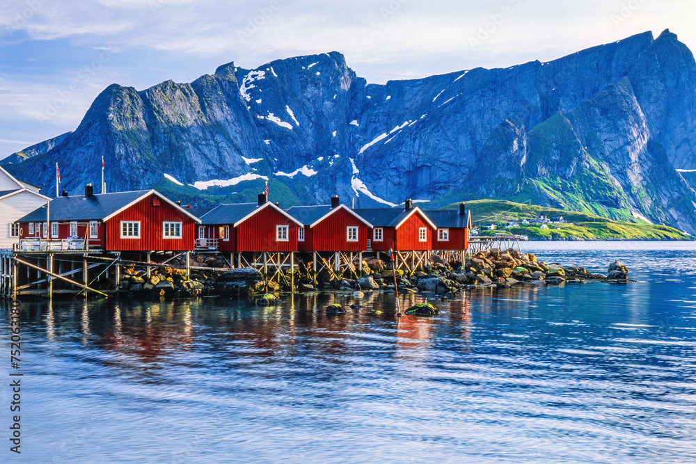 Fototapeta premium Holiday cottages by the sea in Reine at Lofoten islands in Norway