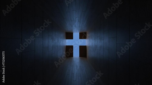 A long corridor with a Christian cross at the end with access to heaven. The camera slowly floats forward. 4K CGI