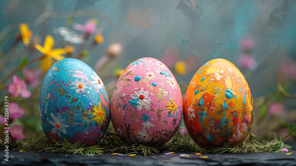 Easter eggs painted with colors, creative eggs, pysanky on dark blurred background. Paint splashes and swirls Easter eggs painted with colors, creative eggs, pysanky on dark blurred background. Paint splashes and swirls