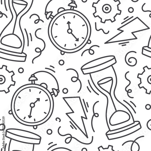 Hand drawn Doodle symbols of time, hourglass, alarm clock with dial. Vector seamless black and white pattern.