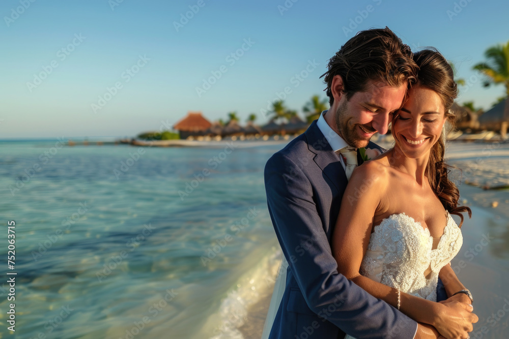 Beautiful young newlywed couple, smiling and embracing on a tropical beach