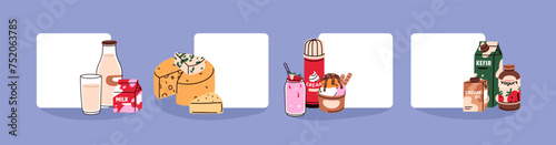 Dairy products, blank backgrounds, square designs set. Milk, cheese, ice-cream, yogurt, natural food and drink. Promotion cards, empty space for advertising, promo, sale. Flat vector illustrations