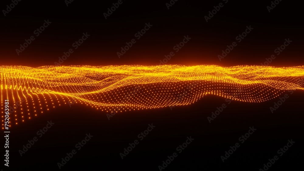 オレンジ色の光の粒子_デジタルの波_3DCGイラスト - obrazy, fototapety, plakaty 