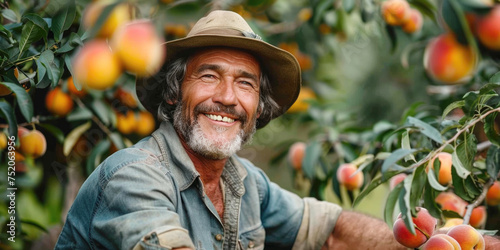 Portrait of a happy smiling mature farmer in peach plantation