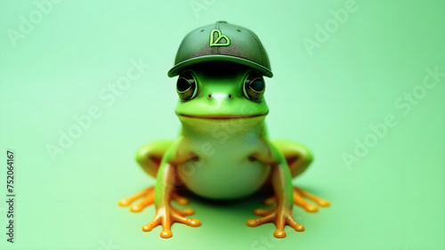 Cute little green frog wearing baseball hat isolated on green background, animals and wildlife template with copy space area, wallpaper, banner