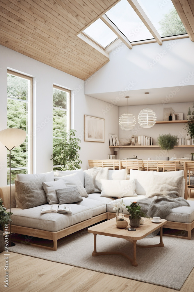 An inviting living area with a Scandinavian touch, featuring a combination of wooden accents, white walls, and a hint of greenery.