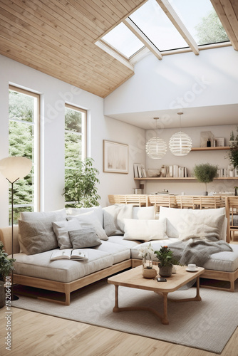 An inviting living area with a Scandinavian touch, featuring a combination of wooden accents, white walls, and a hint of greenery. © Danish