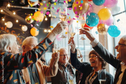 Group of coworkers raising a glass with champagne celebrating retirement 