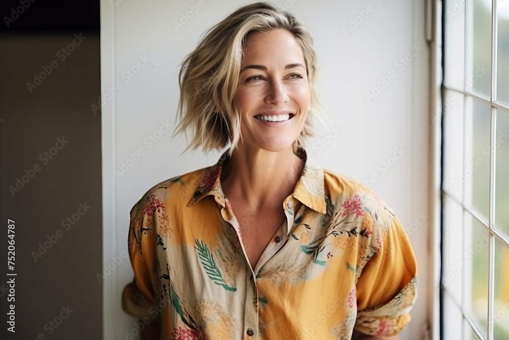 Portrait of beautiful woman standing by window at home, smiling. Portrait of beautiful woman standing by window at home, smiling.