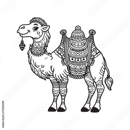 Line art of camel cartoon with beautiful blanket cover on humps vector