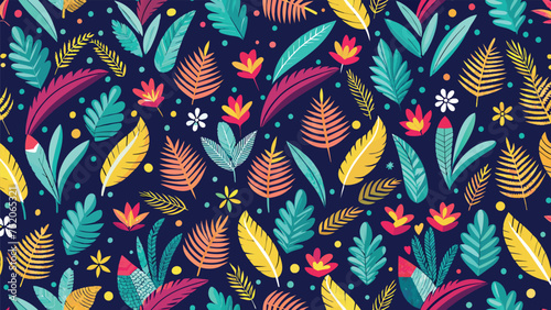 Seamless pattern with tropical leaves and flowers. Vector illustration.