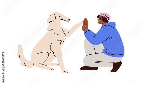 Dog and person giving high five with paw and hand. Doggy pet greeting owner with hi gesture. Human and animal friendship, communication. Flat graphic vector illustration isolated on white background