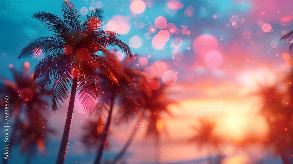 A summer vacation with a silhouette tropical palm tree, vintage tone, and bokeh lights