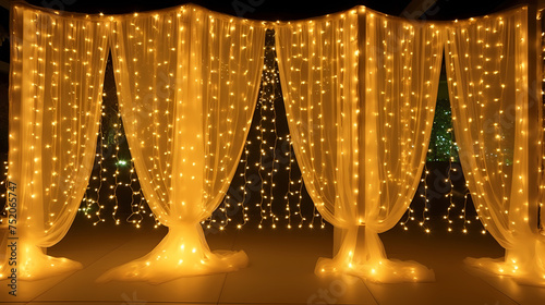 Beautifully decorated wedding venue illuminated with fairy lights at night