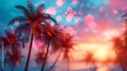 A summer vacation with a silhouette tropical palm tree, vintage tone, and bokeh lights © Zaleman