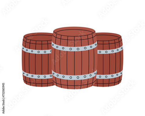 Wooden barrels. Old casks. Brewery factory production. Vector illustration.