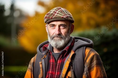 Senior man with a long gray beard and a checkered plaid shirt on an autumn background