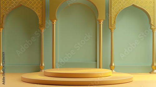 Minimalist empty podium with Islamic nuances, adorned with perfect Ramadan Kareem ornaments and bright colors