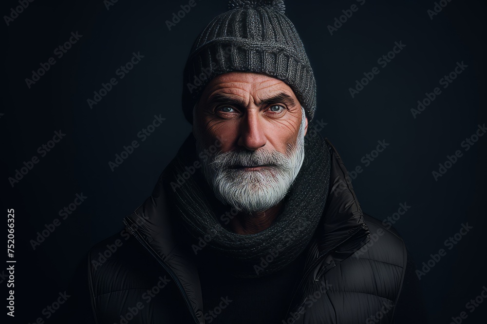 Portrait of a senior man with grey beard wearing winter hat and jacket. Portrait of a senior man with grey beard wearing winter hat and jacket.