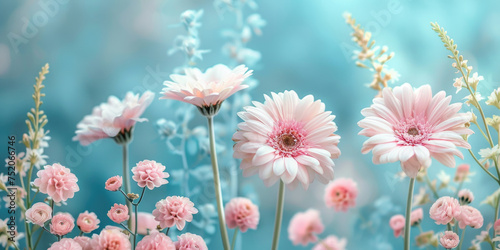 Dreamy pastel-colored floral background with delicate spring flowers and a blurred effect