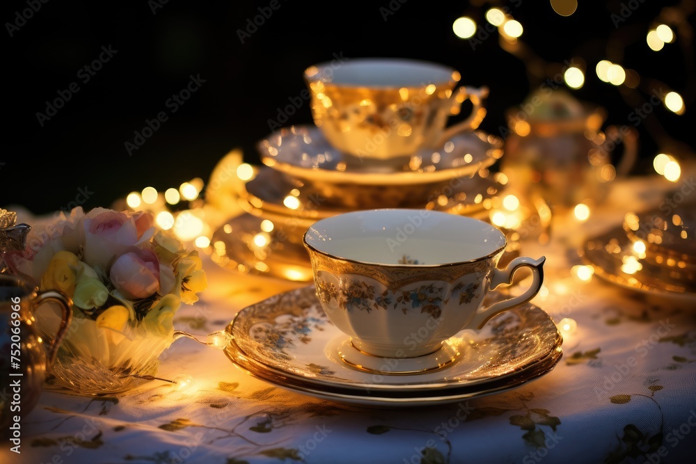 Garden Tea Party: Set up a tea party scene with jewelry, teacups, and saucers, illuminated.