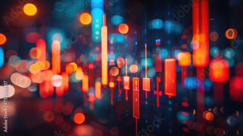 Stock market chart glowing on blurred city background. Financial graph diagram for stock market analysis, investment, and trading. Economic growth concept for business, finance, crypto currency © Jasmina