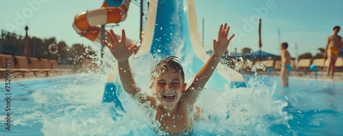 Children joyfully play in the pool at the water park, sliding down the water slide. Concept Water park, Children's activities, Pool fun, Waterslide, Summer recreation photo