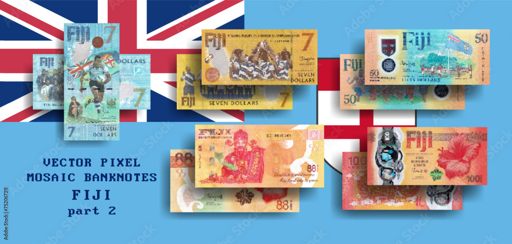 Obraz premium Vector set pixel mosaic banknotes of Fiji. Collection notes of 88, 100 cents and 7, 50 dollars. Obverse and reverse. Play money or flyers. Part 2