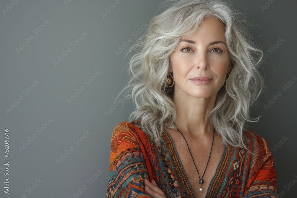 A woman with long gray hair and a necklace is standing in front of a gray wall A woman with long gray hair and a necklace is standing in front of a gray wall