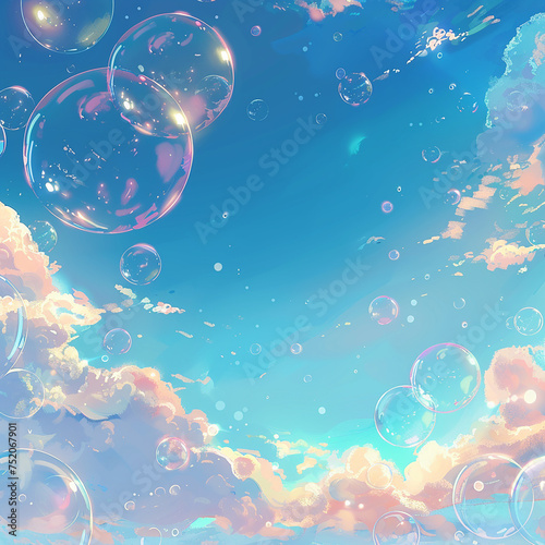 Soap bubbles on the background of the sky with clouds. Vector illustration.