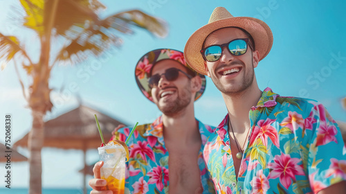 Summer beach party with friends, vibrant Hawaiian shirts, sunglasses, enjoying tropical drinks under palm trees