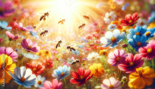 A vibrant and detailed scene showcasing the intricate dance of pollination. In the foreground, several bees, with their wings a blur of motion