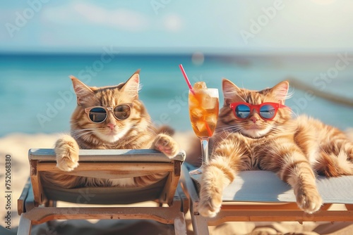 Two funny cats wearing sunglasses relaxing on the beach with cocktail