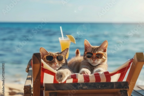 Two funny cats wearing sunglasses relaxing on the beach with cocktail