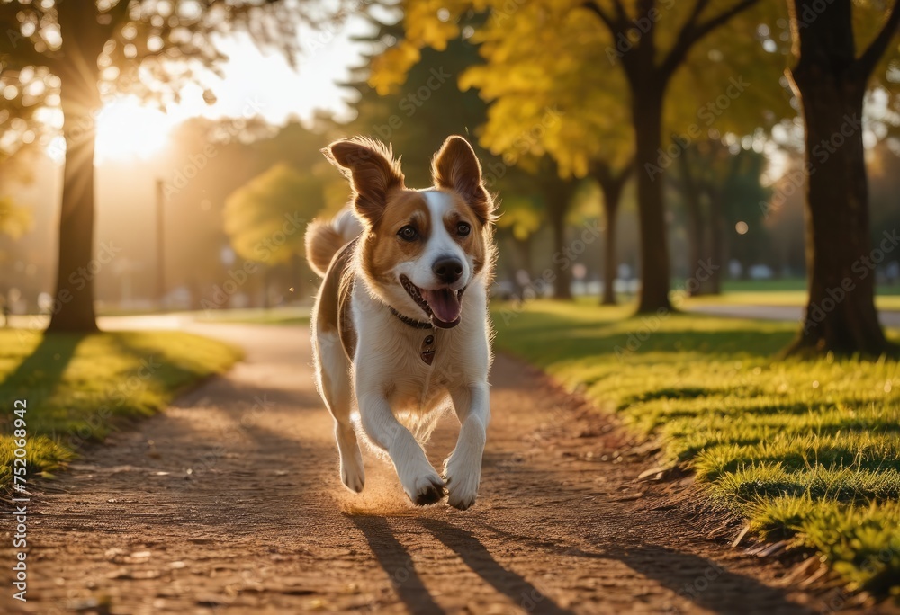 playful dog is sprinting in the foreground, illuminated by the golden hour sunlight, while a person runs after it in a park playful dog is sprinting in the foreground, illuminated by the golden hour sunlight, while a person runs after it in a park
