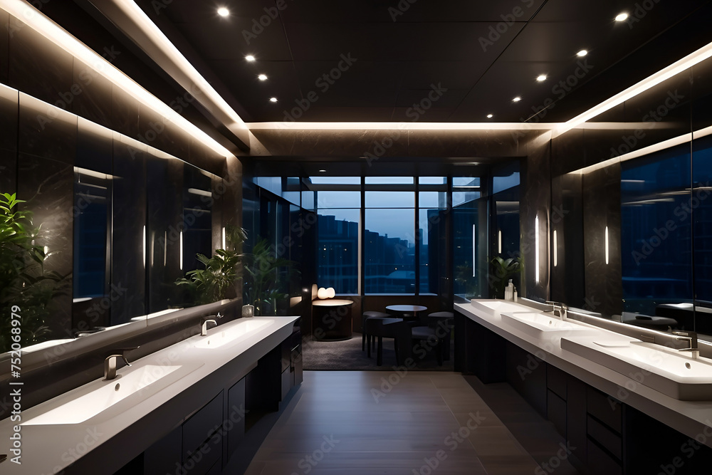 Premium washroom in office building for business at night & dark time Premium washroom in office building for business at night & dark time