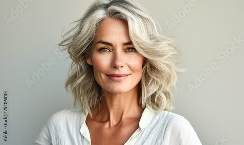 Portrait of a radiant mature woman with elegant grey hair and a warm smile, wearing a white blouse, symbolizing grace, confidence, and timeless beauty