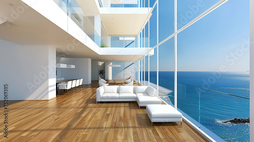 Luxurious open-plan living room with panoramic ocean view