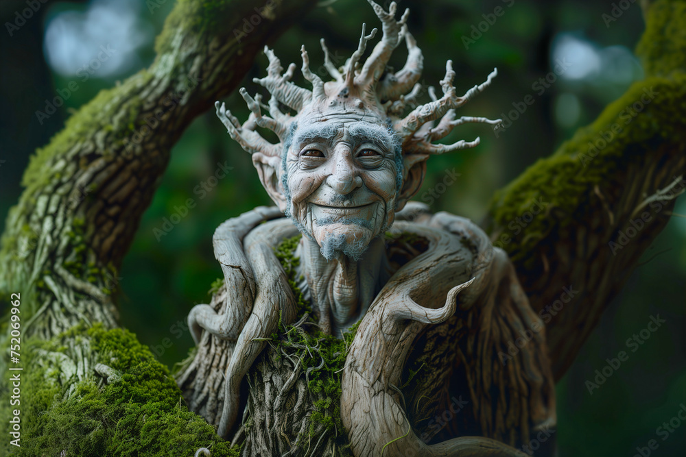 Detailed sculpture of a smiling tree spirit merging with natural woodland elements Detailed sculpture of a smiling tree spirit merging with natural woodland elements