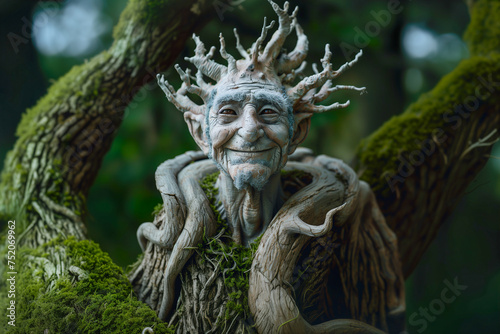 Detailed sculpture of a smiling tree spirit merging with natural woodland elements