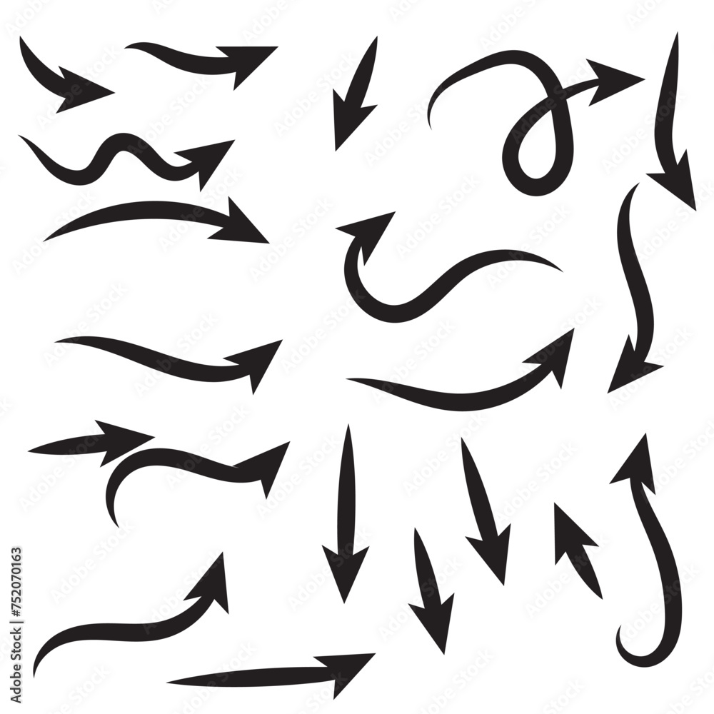 Black arrows icons in hand drawn style. Arrow sketch sign and set of hand drawn arrows. Vector illustration Black arrows icons in hand drawn style. Arrow sketch sign and set of hand drawn arrows. Vector illustration
