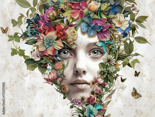 A surreal portrait of a woman adorned with a vibrant array of flowers