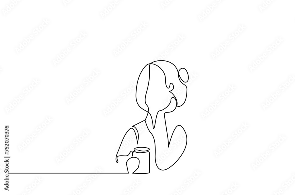 woman drinking coffee tea relax thinking at home watching outside looking free time one line art design woman drinking coffee tea relax thinking at home watching outside looking free time one line art design