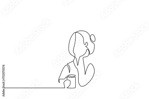 woman drinking coffee tea relax thinking at home watching outside looking free time one line art design